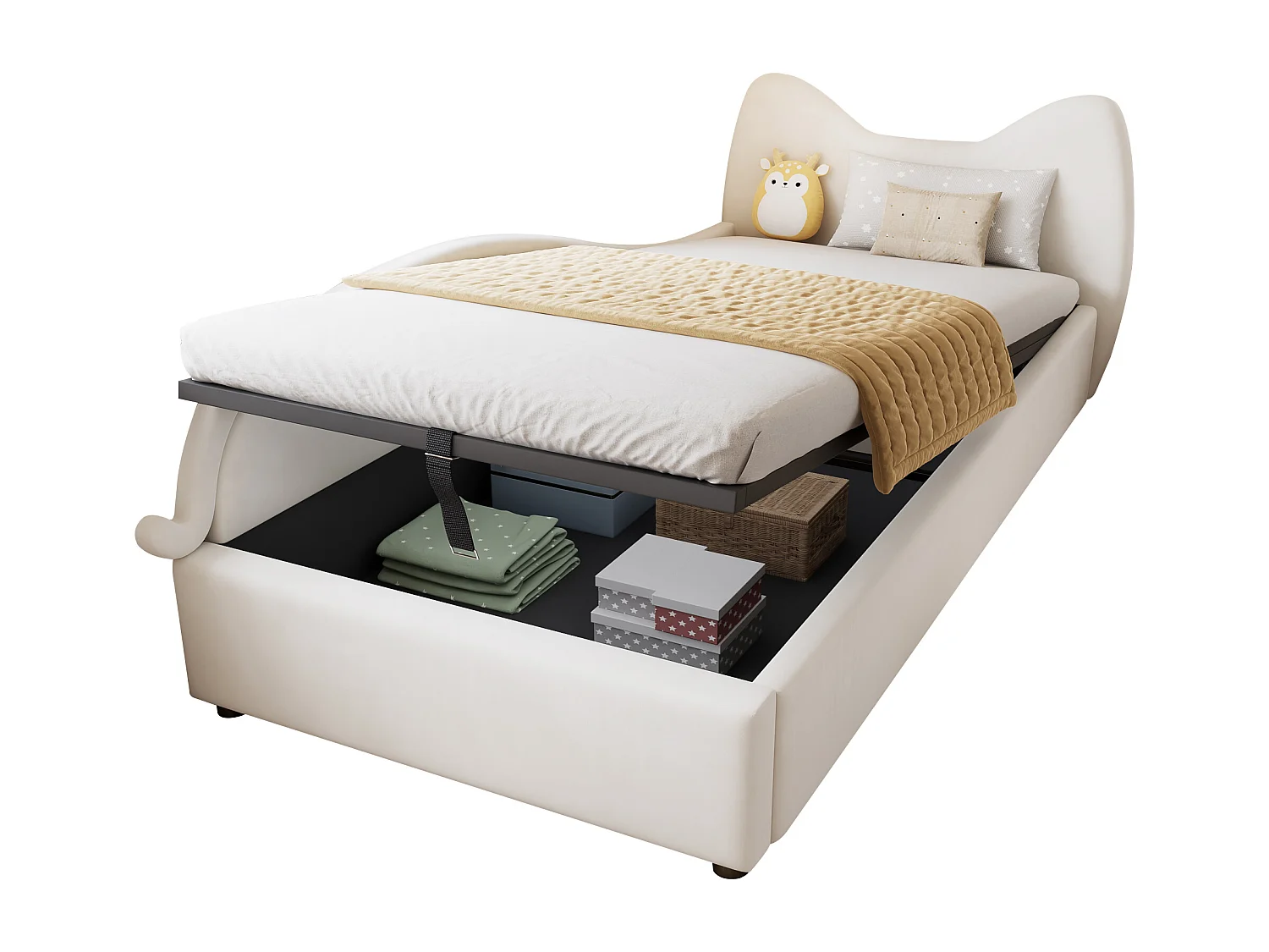 Süßes Kinderschlafsofa – 90 x 200 cm – hydraulischer Stauraum + Lattenrost – Samt – Beige (linkes Panel)