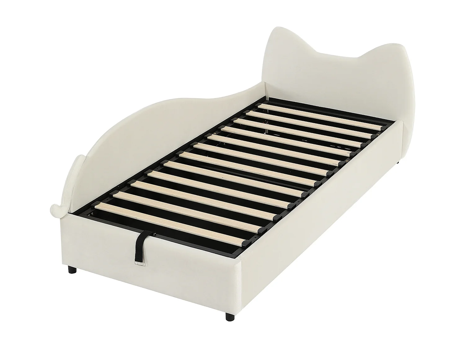 Süßes Kinderschlafsofa – 90 x 200 cm – hydraulischer Stauraum + Lattenrost – Samt – Beige (linkes Panel)