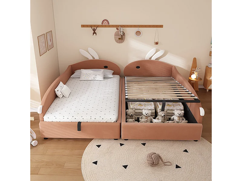 Lit coffre hydraulique enfant - 2 x 90 x 200 cm - avec tête de lit lapin  - velours - rouge bourgeon