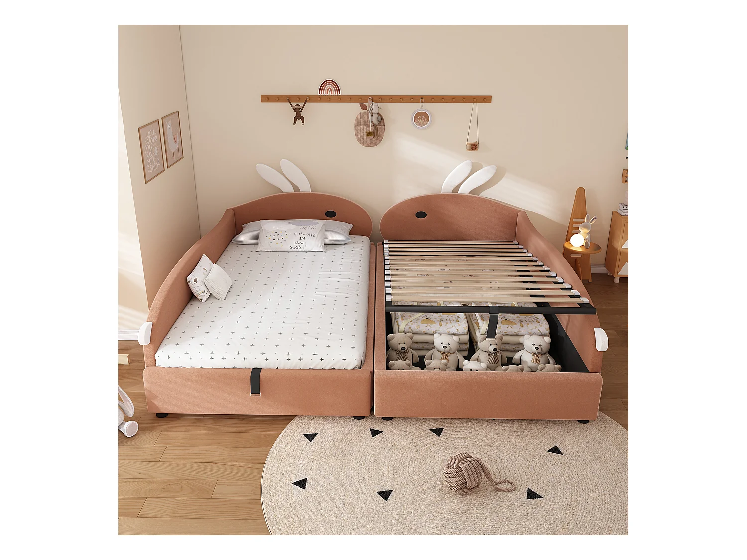 Lit coffre hydraulique enfant - 2 x 90 x 200 cm - avec tête de lit lapin  - velours - rouge bourgeon