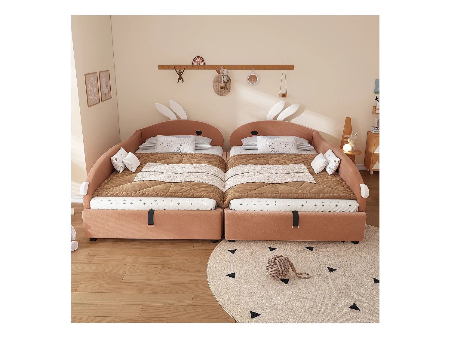 Lit coffre hydraulique enfant - 2 x 90 x 200 cm - avec tête de lit lapin  - velours - rouge bourgeon