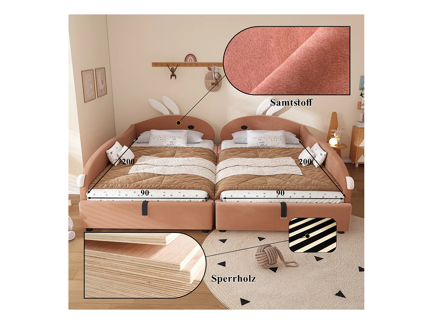 Lit coffre hydraulique enfant - 2 x 90 x 200 cm - avec tête de lit lapin  - velours - rouge bourgeon