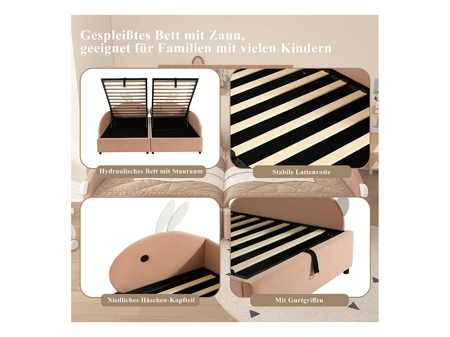 Lit coffre hydraulique enfant - 2 x 90 x 200 cm - avec tête de lit lapin  - velours - rouge bourgeon