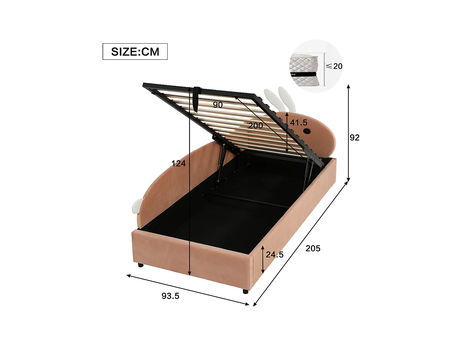 Kinderbett mit hydraulischem Stauraum - 2 x 90 x 200 cm - mit Kaninchenkopfteil - Samt - Knospenrot
