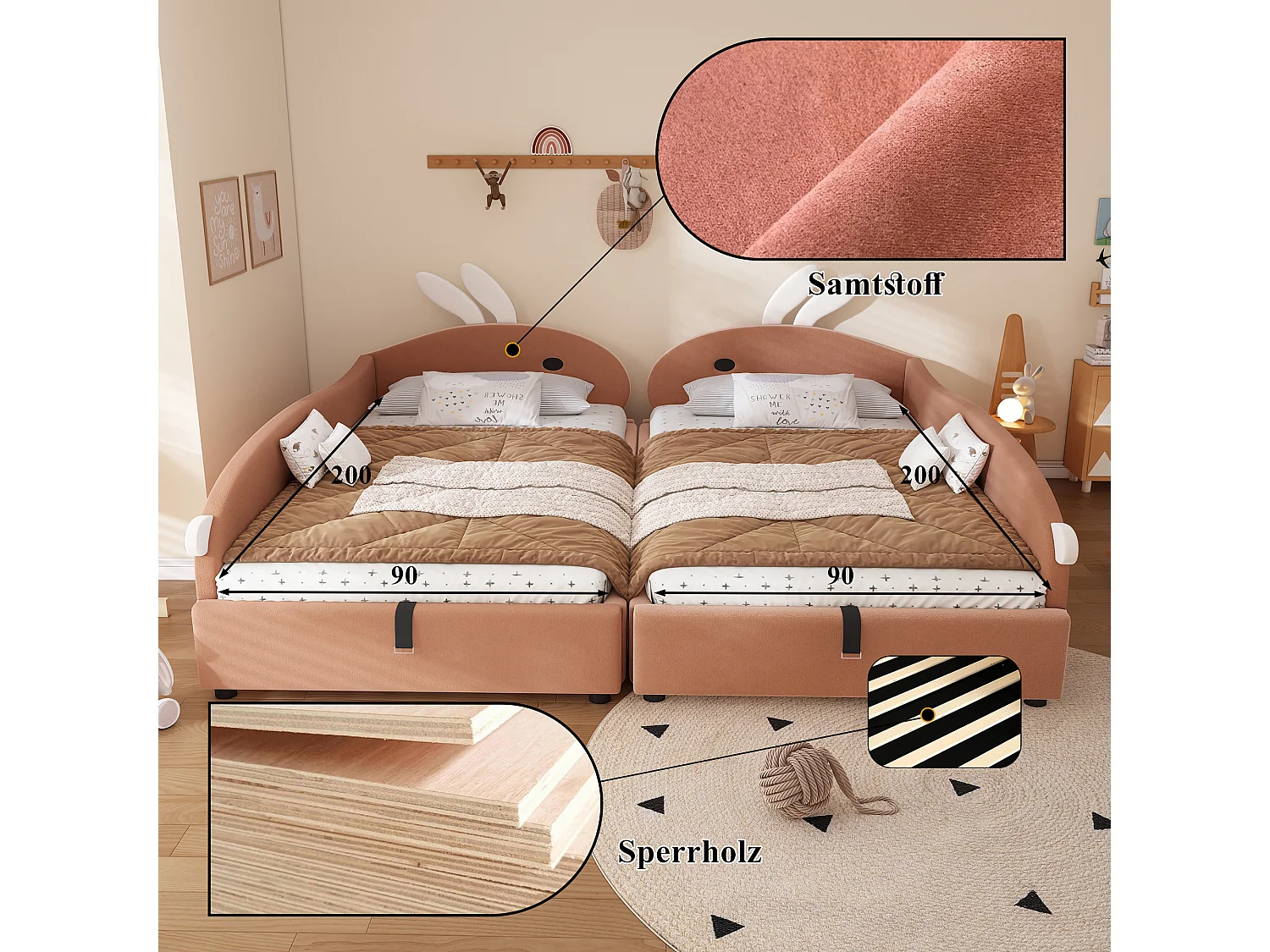 Lit coffre hydraulique enfant - 2 x 90 x 200 cm - avec tête de lit lapin  - velours - rouge bourgeon