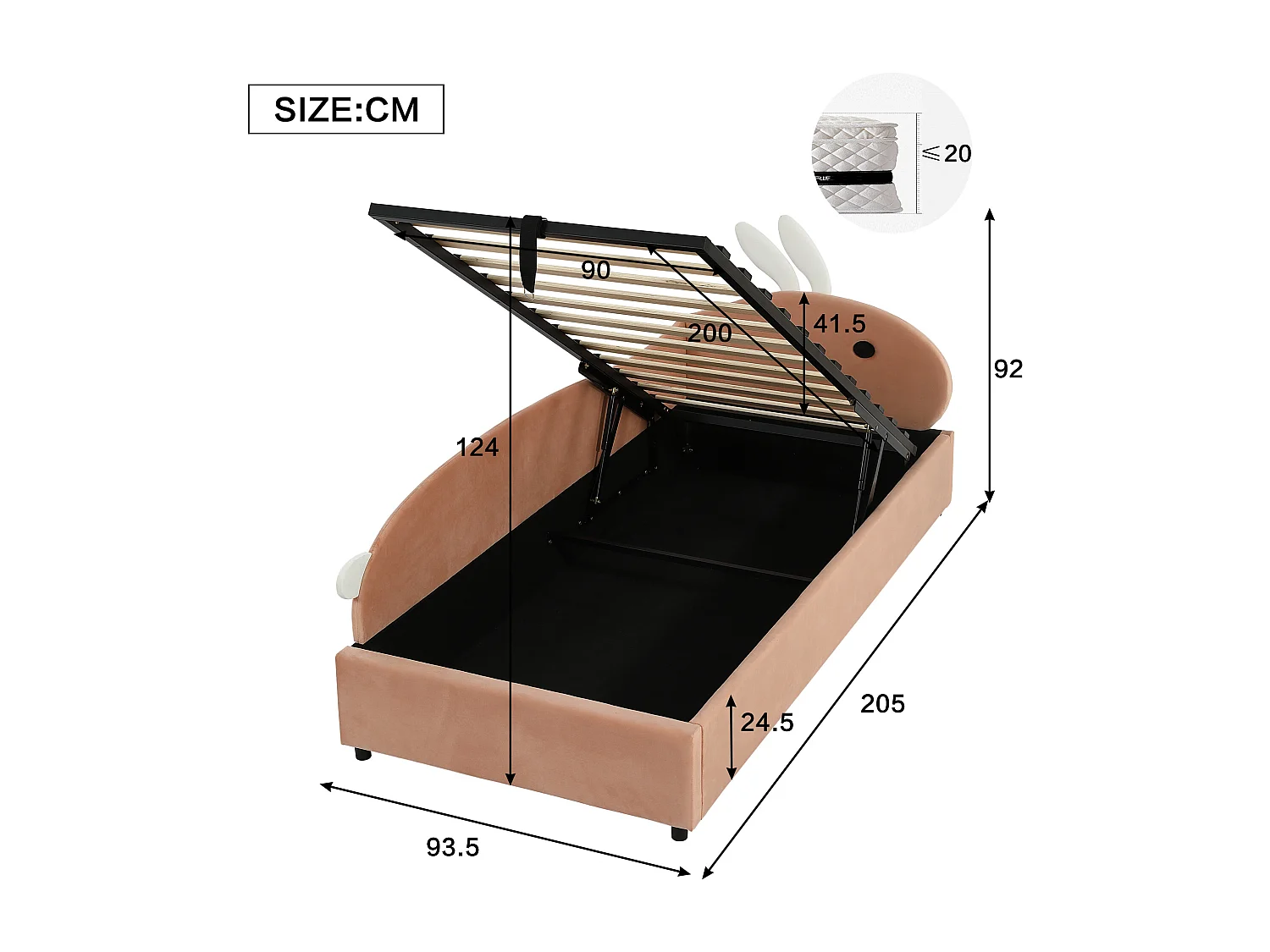 Lit coffre hydraulique enfant - 2 x 90 x 200 cm - avec tête de lit lapin  - velours - rouge bourgeon