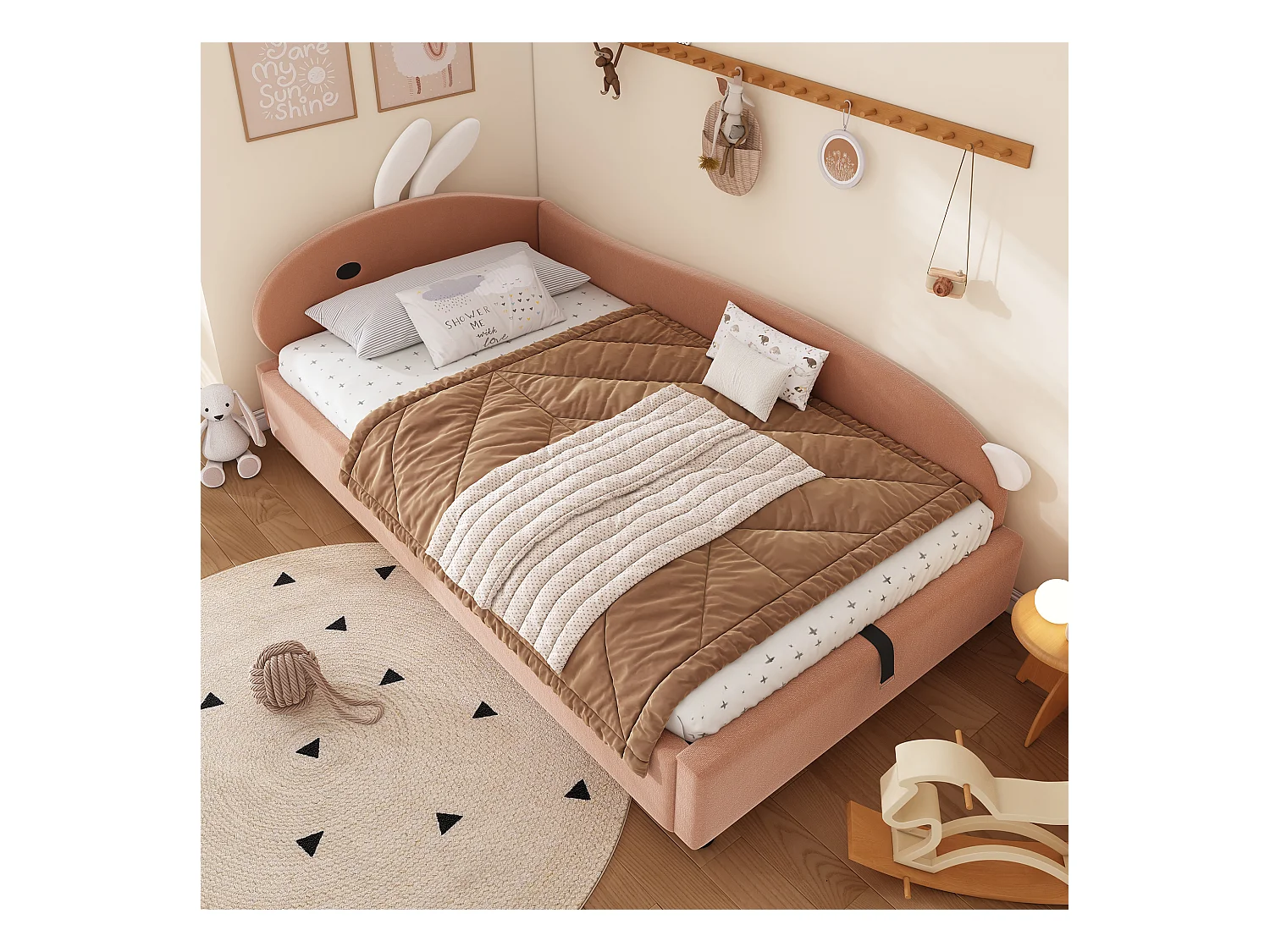 Lit coffre hydraulique enfant - 90 x 200 cm - avec tête de lit lapin  - velours - rouge bourgeon(panneau droit)