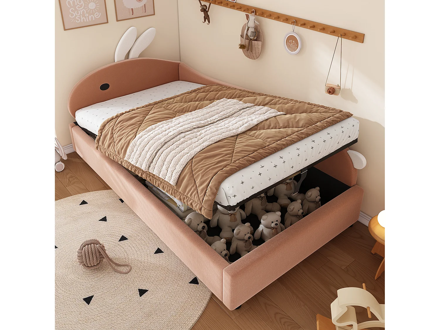 Lit coffre hydraulique enfant - 90 x 200 cm - avec tête de lit lapin  - velours - rouge bourgeon(panneau droit)