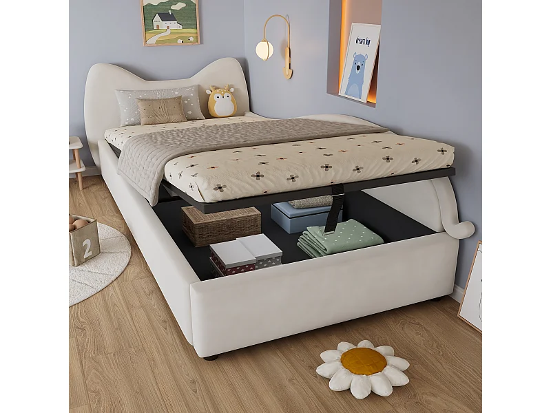 Süßes Kinderschlafsofa – 90 x 200 cm – hydraulischer Stauraum + Lattenrost – Samt – Beige (rechtes Panel)