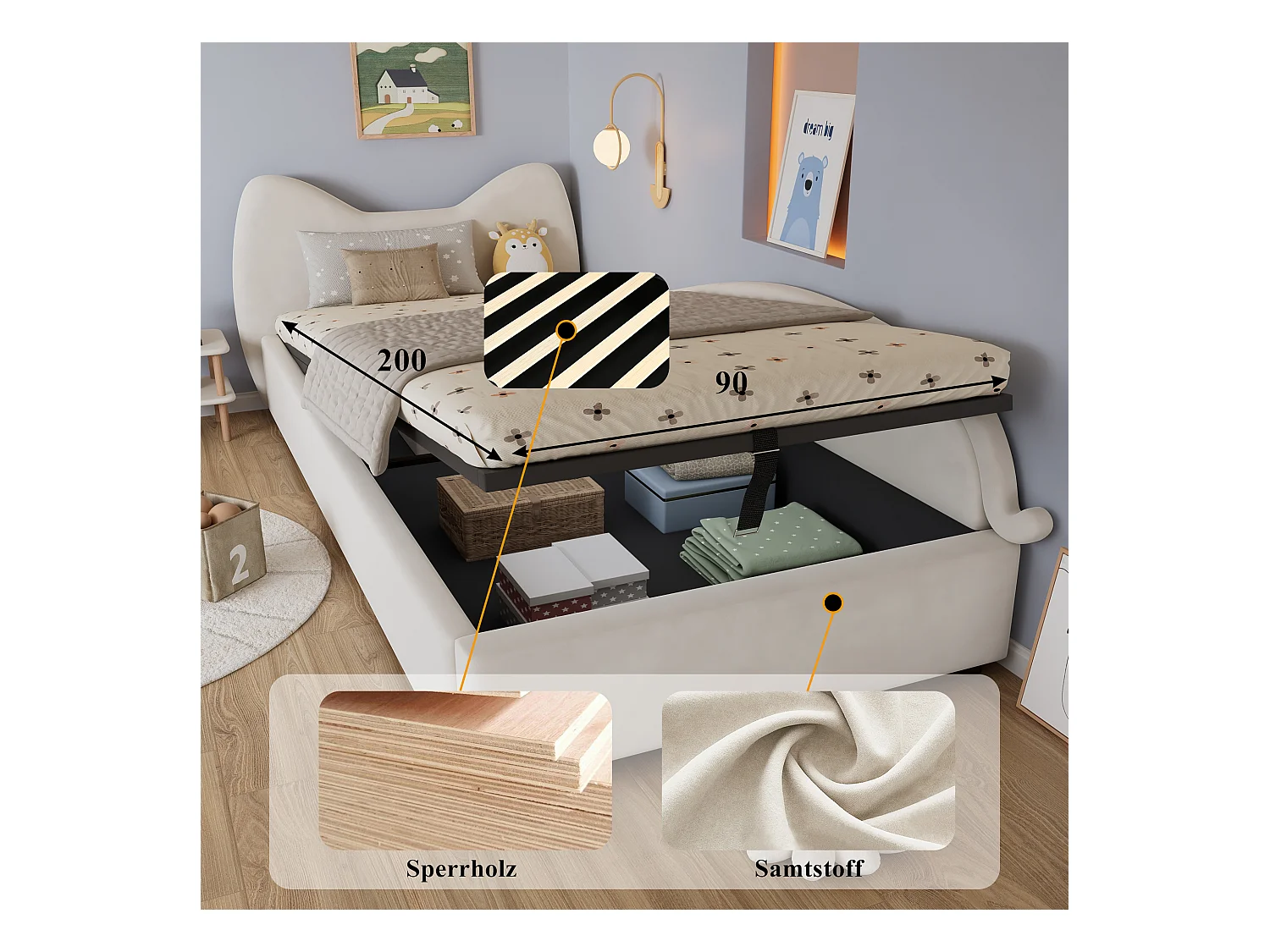 Süßes Kinderschlafsofa – 90 x 200 cm – hydraulischer Stauraum + Lattenrost – Samt – Beige (rechtes Panel)