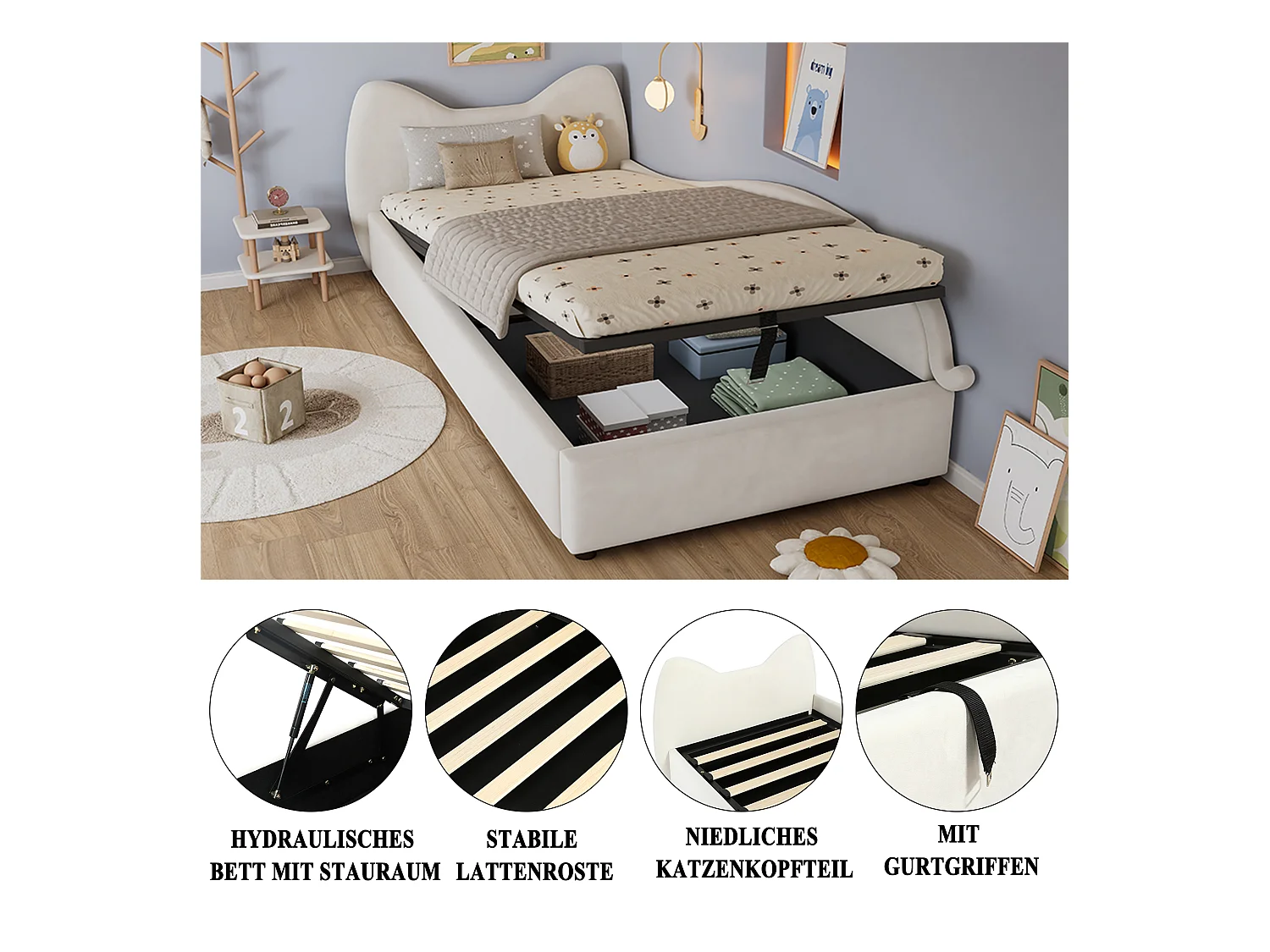 Süßes Kinderschlafsofa – 90 x 200 cm – hydraulischer Stauraum + Lattenrost – Samt – Beige (rechtes Panel)