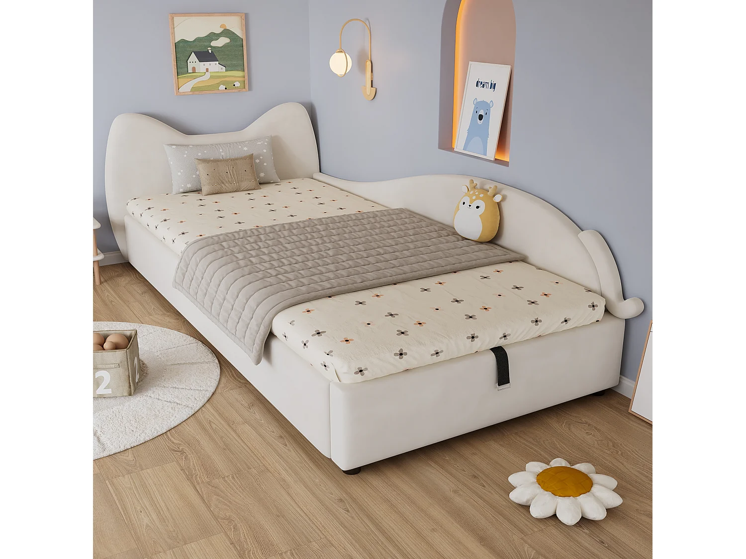 Canapé-lit mignon pour enfant - 90 x 200 cm - coffre hydraulique + sommier à lattes - velours - beige(panneau droit)