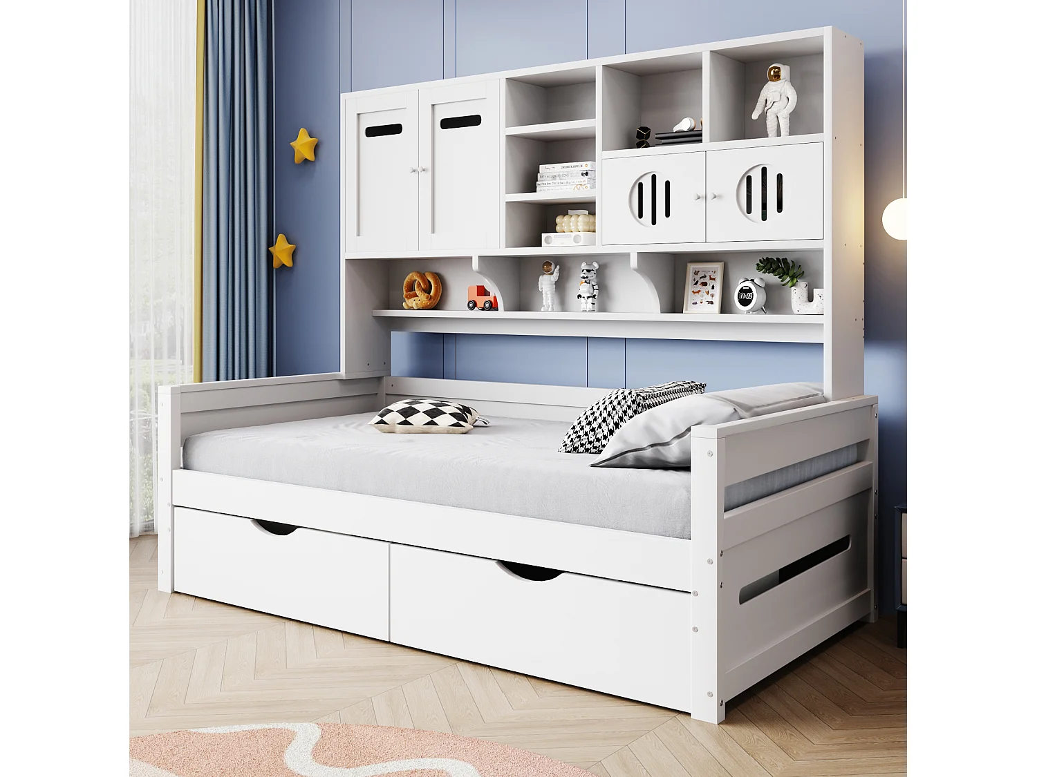 Canapé-lit enfant en bois - 90 x 200 cm - avec étagère de rangement + 2 tiroirs - bois - blanc