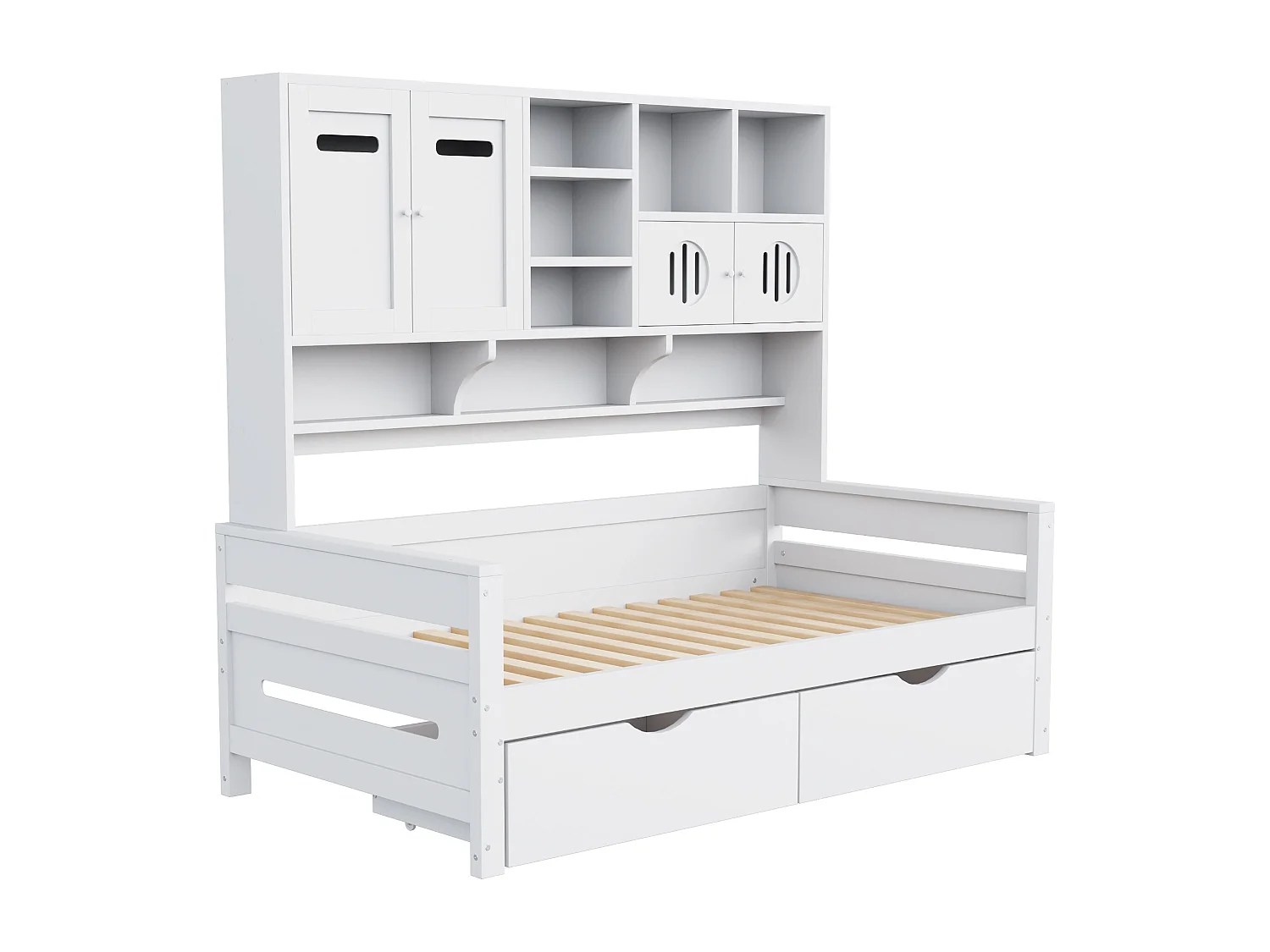 Canapé-lit enfant en bois - 90 x 200 cm - avec étagère de rangement + 2 tiroirs - bois - blanc