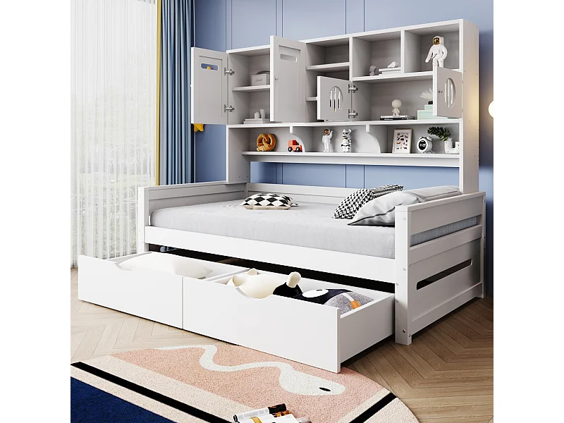 Canapé-lit enfant en bois - 90 x 200 cm - avec étagère de rangement + 2 tiroirs - bois - blanc