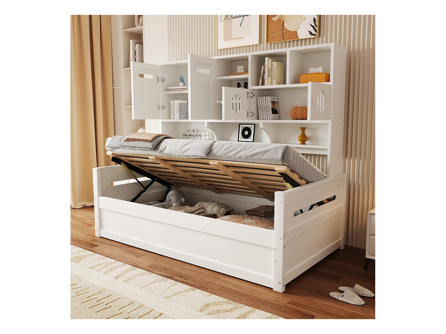 Kinder-Schlafsofa aus Holz - 90 x 200 cm - mit Ablageboden + Hydraulikbox - Holz - weiß