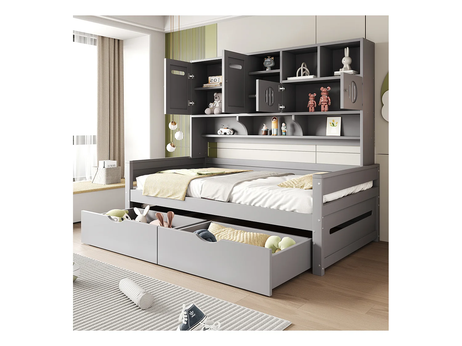 Kinder-Schlafsofa aus Holz - 90 x 200 cm - mit Ablage + 2 Schubladen - Holz - Grau