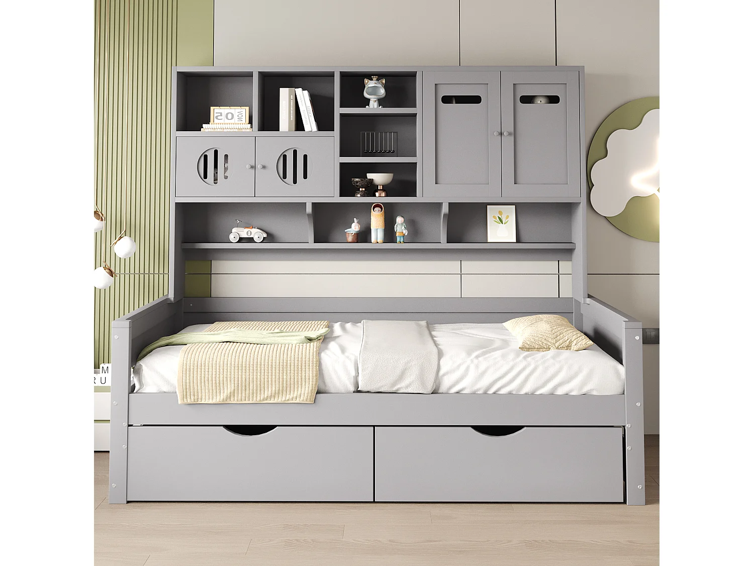 Canapé-lit enfant en bois - 90 x 200 cm - avec étagère de rangement + 2 tiroirs - bois - gris