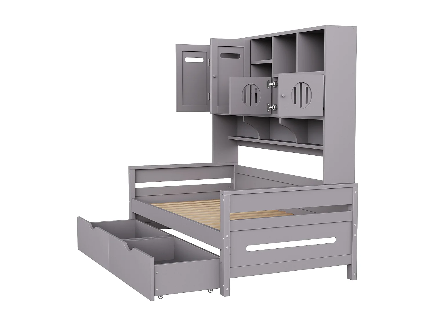 Canapé-lit enfant en bois - 90 x 200 cm - avec étagère de rangement + 2 tiroirs - bois - gris