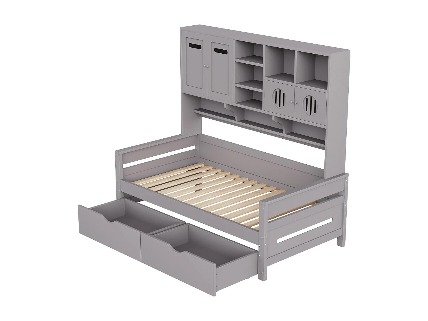 Canapé-lit enfant en bois - 90 x 200 cm - avec étagère de rangement + 2 tiroirs - bois - gris