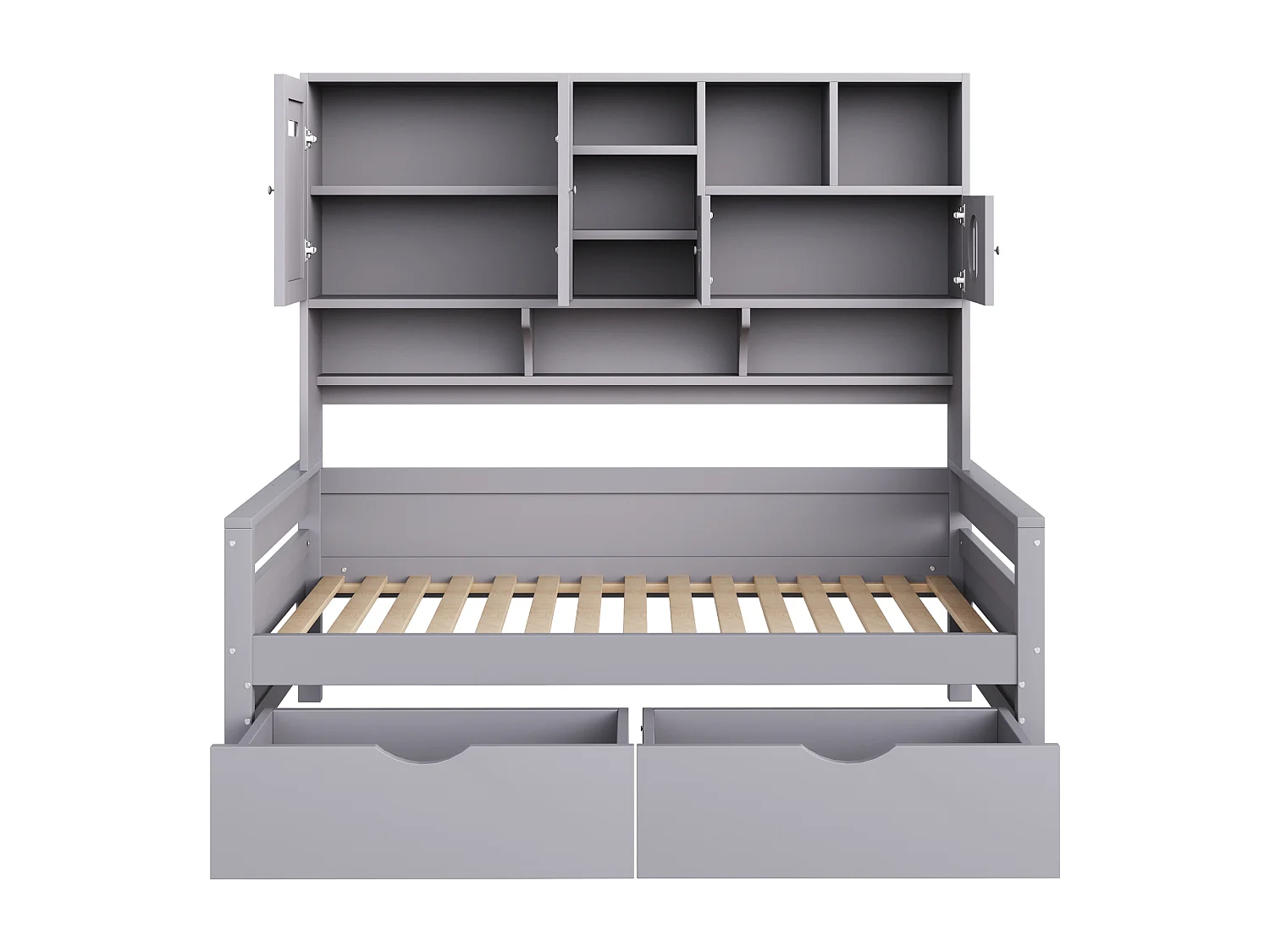 Canapé-lit enfant en bois - 90 x 200 cm - avec étagère de rangement + 2 tiroirs - bois - gris