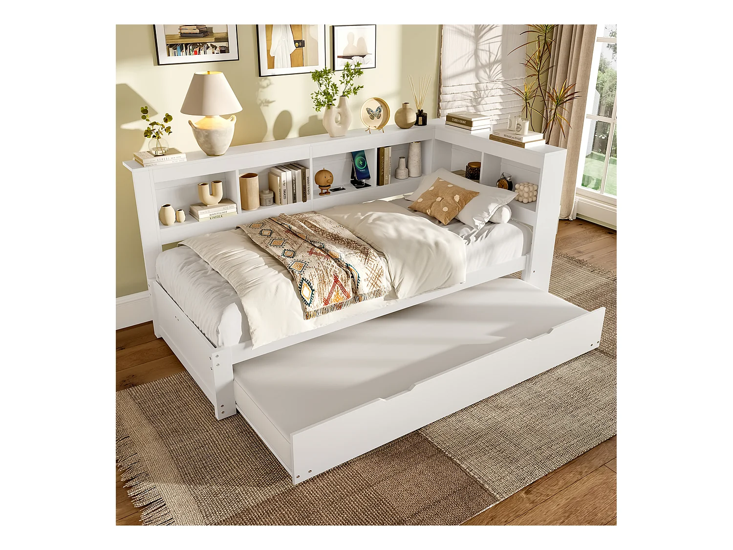 Kinderslaapbank - 90 x 200 cm - met uitschuifbed 90 x 190 cm + opbergplank - spaanplaat - wit