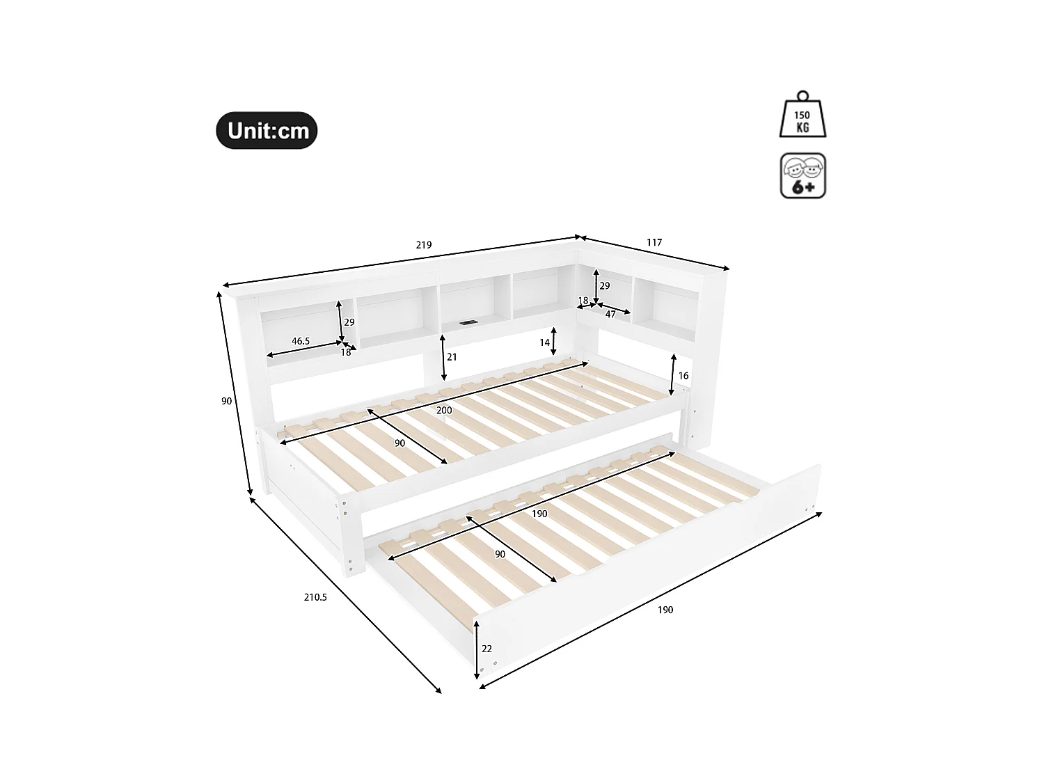 Kinderslaapbank - 90 x 200 cm - met uitschuifbed 90 x 190 cm + opbergplank - spaanplaat - wit