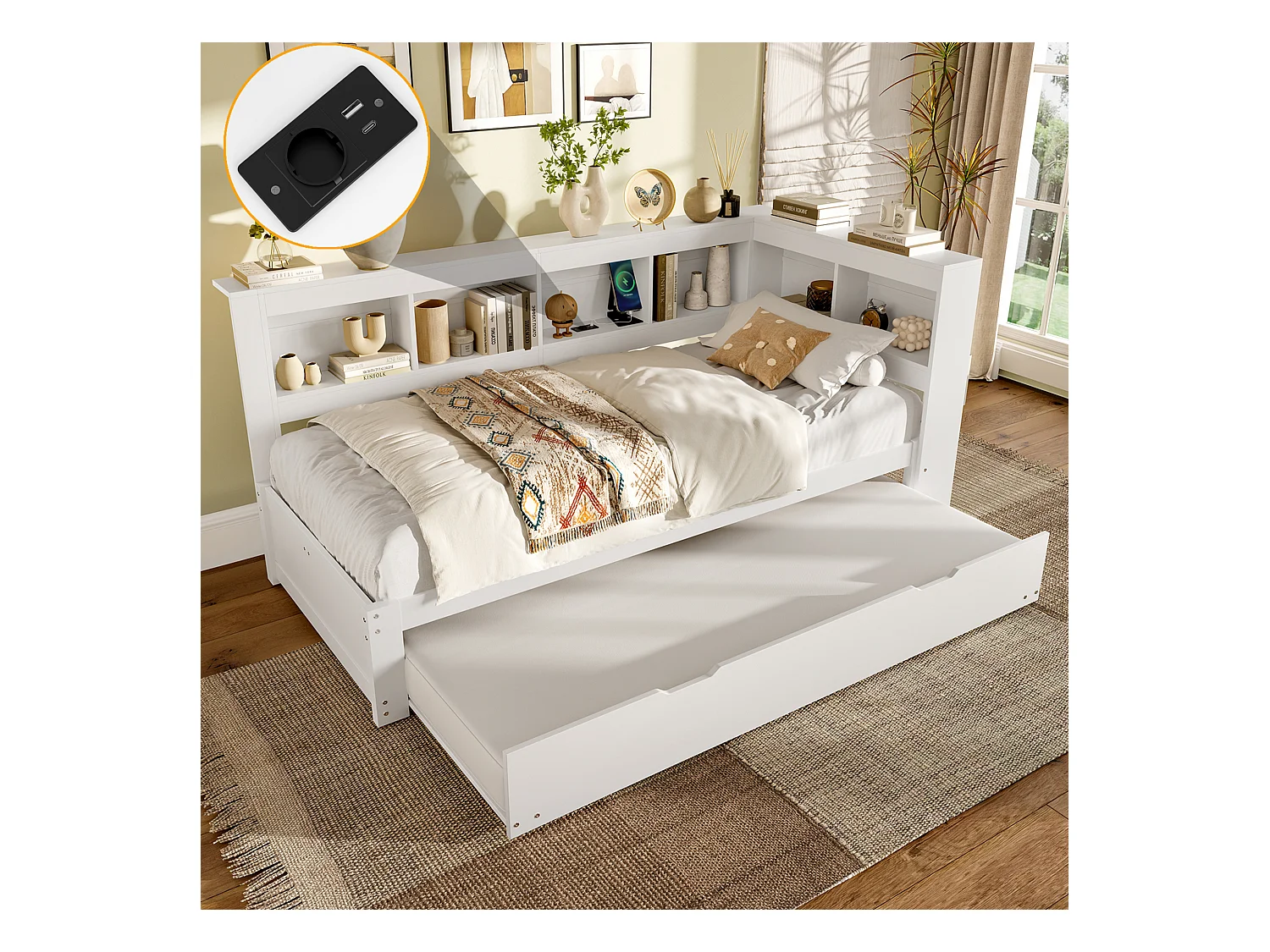 Kinderschlafsofa - 90 x 200 cm - mit Ausziehbett 90 x 190 cm + Ablageboden - Spanplatte - weiß