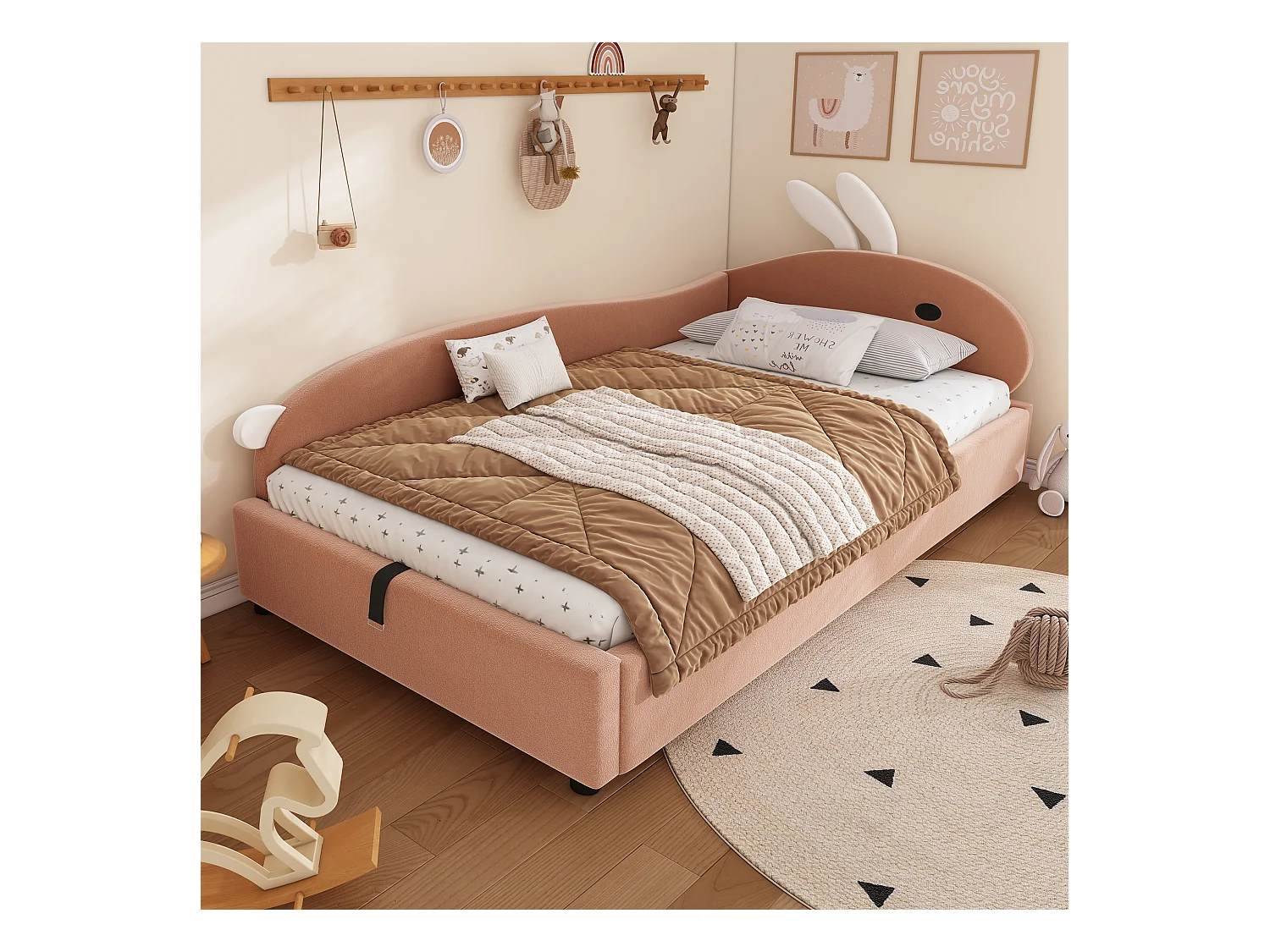 Kinderbed met hydraulische opbergruimte - 90 x 200 cm - met konijnenhoofdeinde - fluweel - knoprood (linkerpaneel)