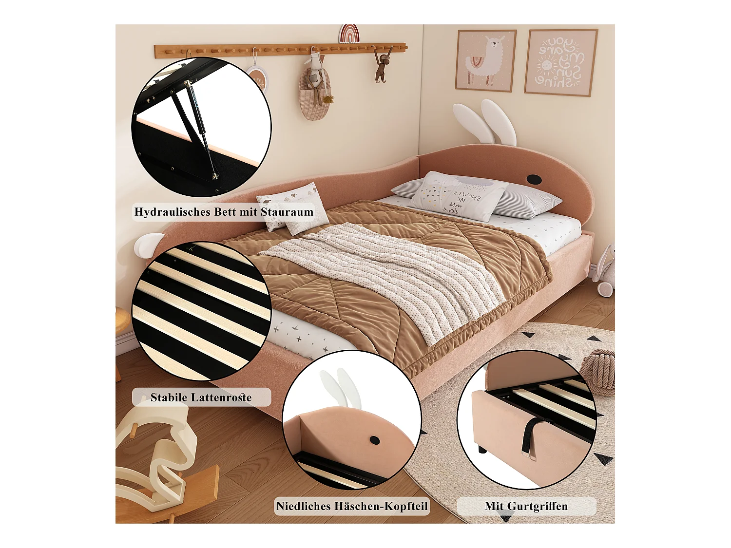 Kinderbed met hydraulische opbergruimte - 90 x 200 cm - met konijnenhoofdeinde - fluweel - knoprood (linkerpaneel)