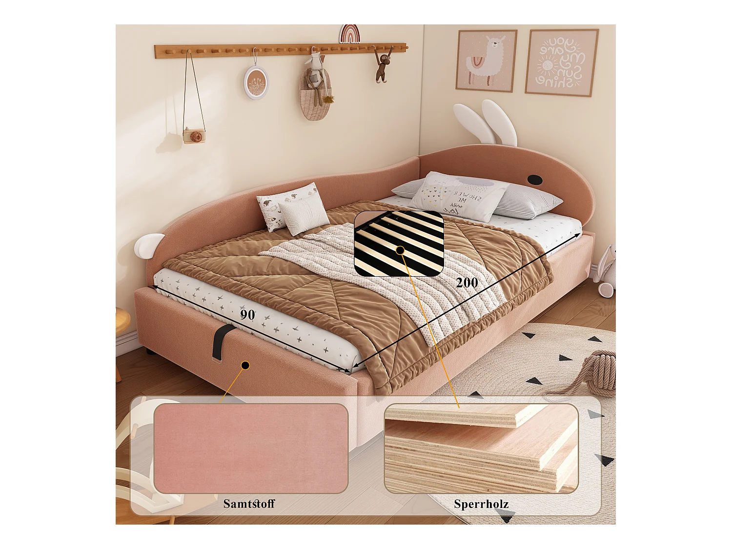 Kinderbed met hydraulische opbergruimte - 90 x 200 cm - met konijnenhoofdeinde - fluweel - knoprood (linkerpaneel)