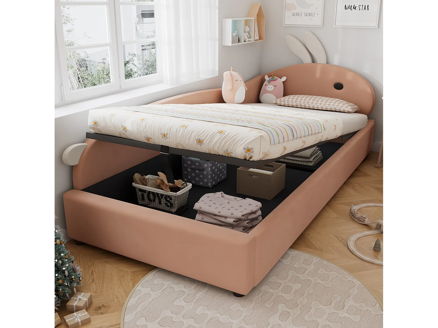 Lit coffre hydraulique enfant - 90 x 200 cm - avec tête de lit lapin  - velours - rouge bourgeon(panneau gauche)