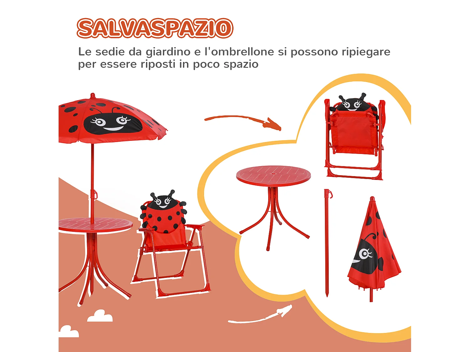 Set tavolo da giardino per bambini in metallo e poliestere rosso