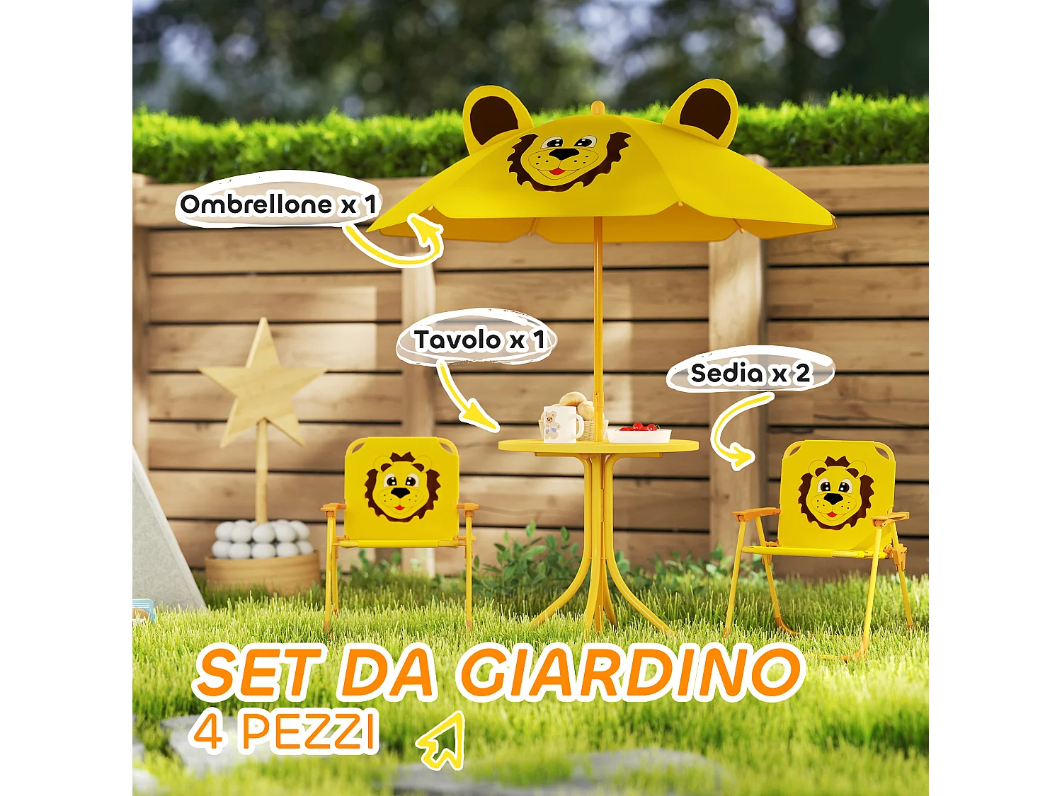 Set da giardino con tavolo 2 sedie e ombrellone per bambini giallo