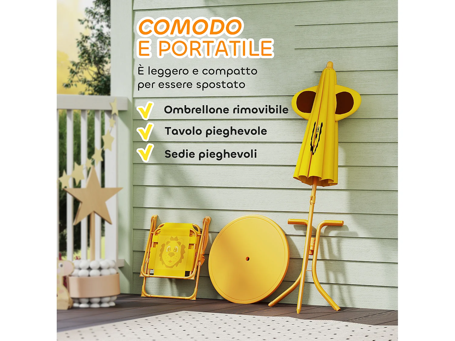 Set da giardino con tavolo 2 sedie e ombrellone per bambini giallo