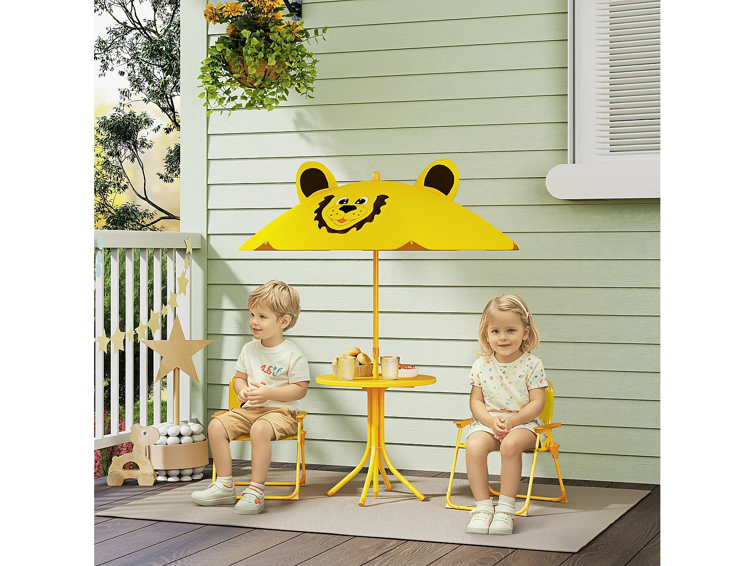 Set da giardino con tavolo 2 sedie e ombrellone per bambini giallo