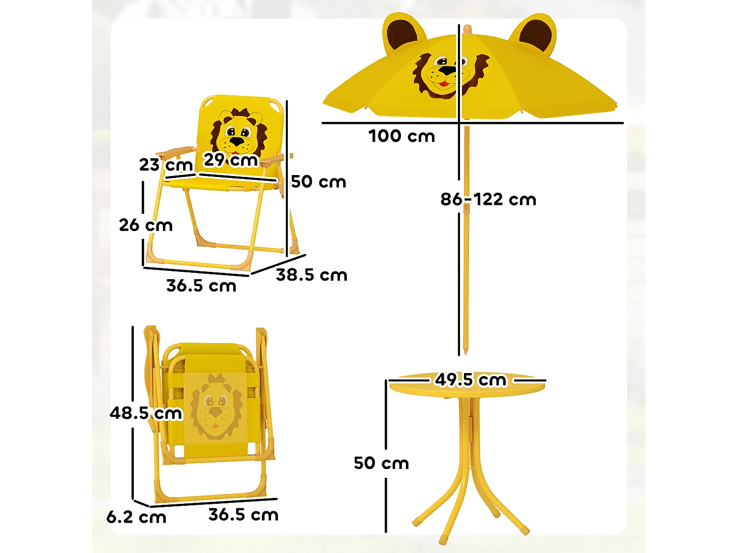 Set da giardino con tavolo 2 sedie e ombrellone per bambini giallo