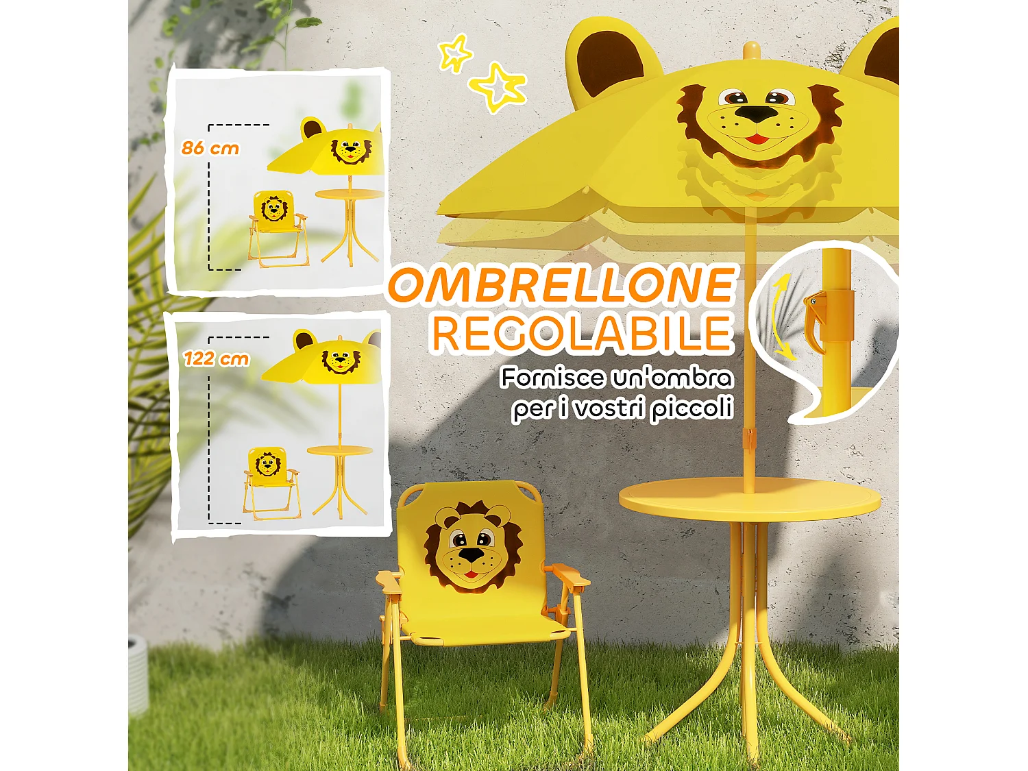 Set da giardino con tavolo 2 sedie e ombrellone per bambini giallo