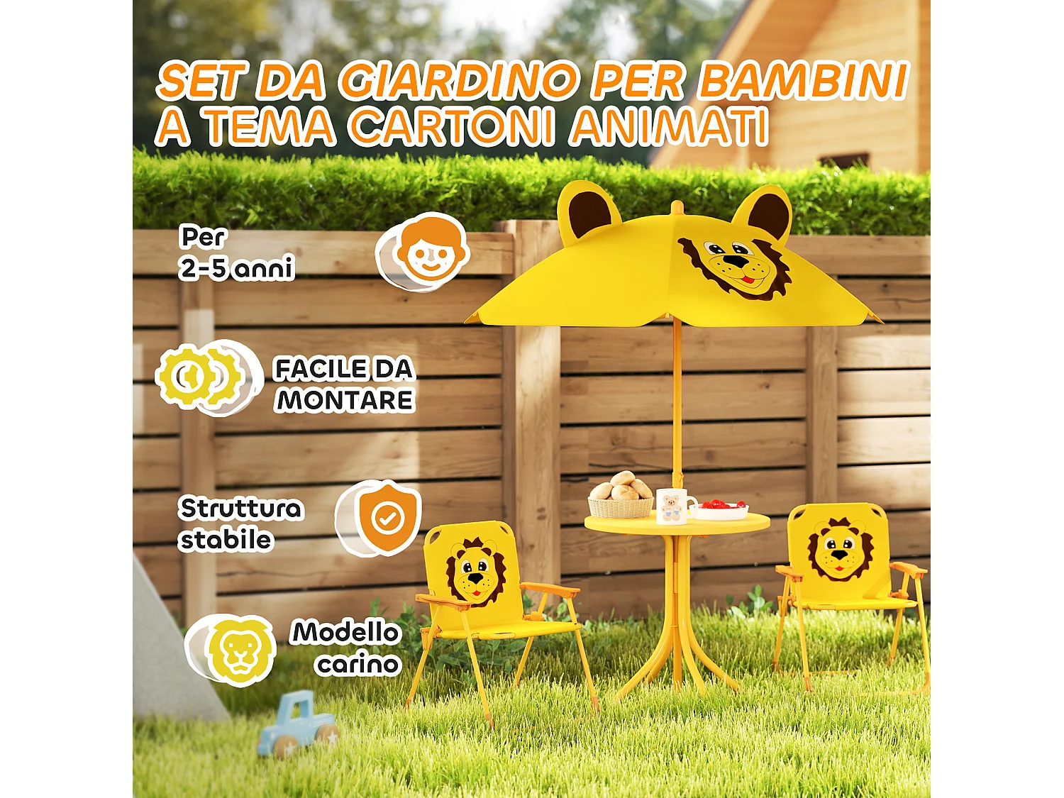 Set da giardino con tavolo 2 sedie e ombrellone per bambini giallo
