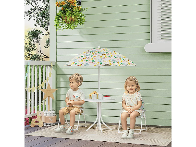 Set da giardino con tavolo 2 sedie e ombrellone per bambini bianco