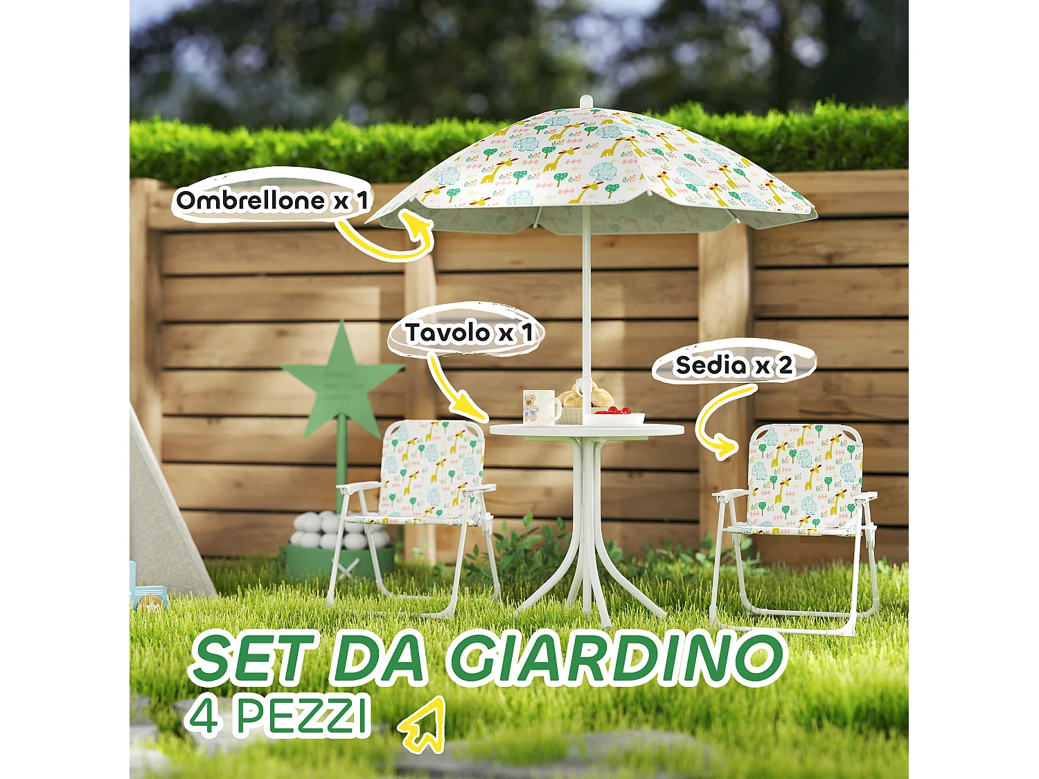Set da giardino con tavolo 2 sedie e ombrellone per bambini bianco