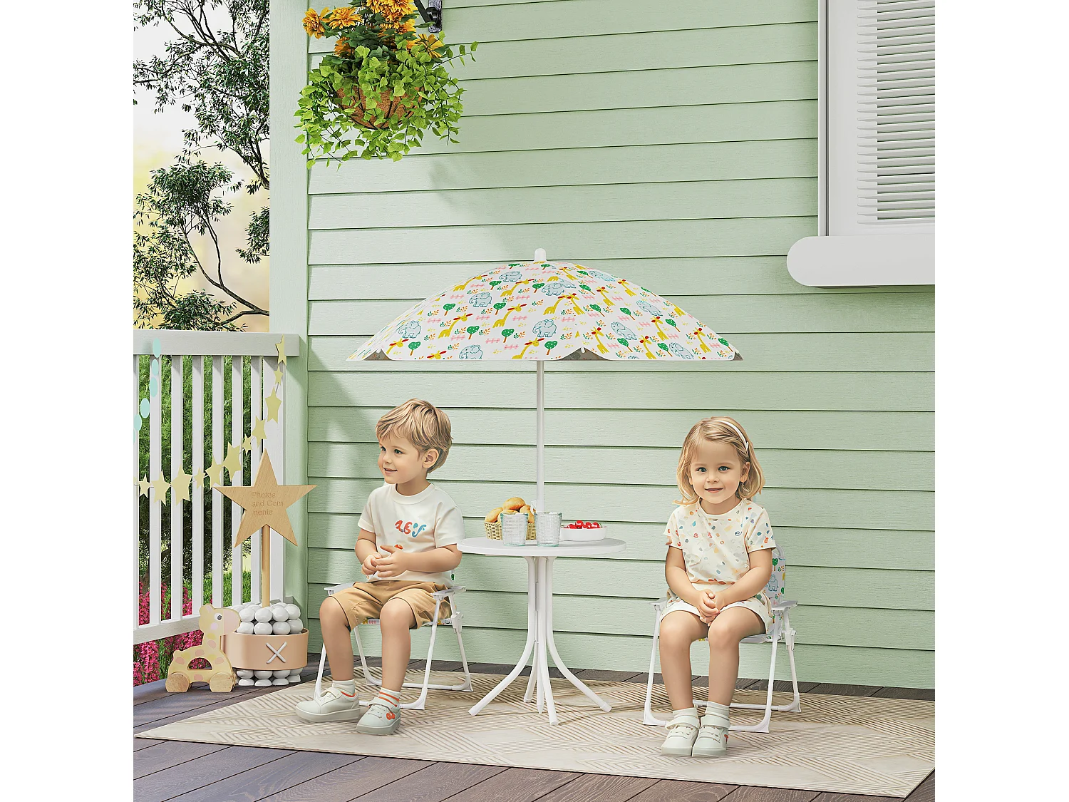 Set da giardino con tavolo 2 sedie e ombrellone per bambini bianco