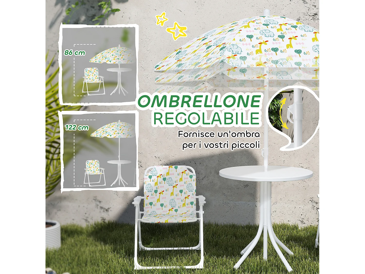 Set da giardino con tavolo 2 sedie e ombrellone per bambini bianco