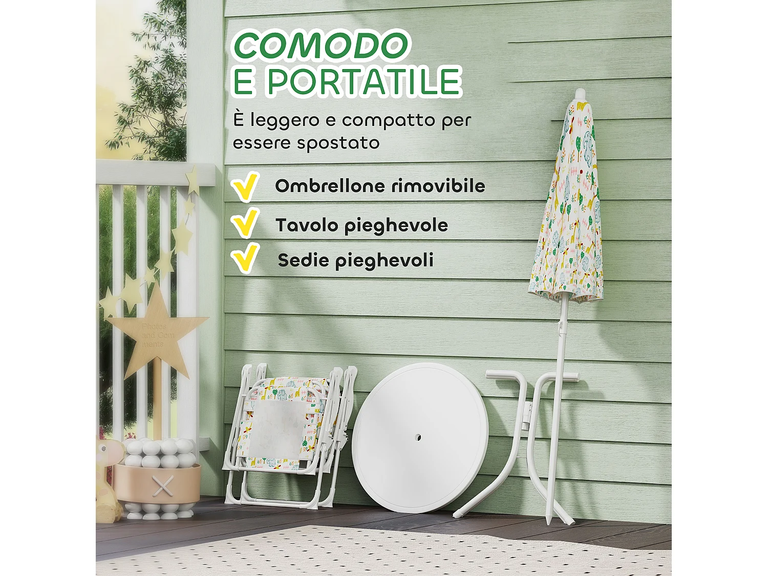 Set da giardino con tavolo 2 sedie e ombrellone per bambini bianco