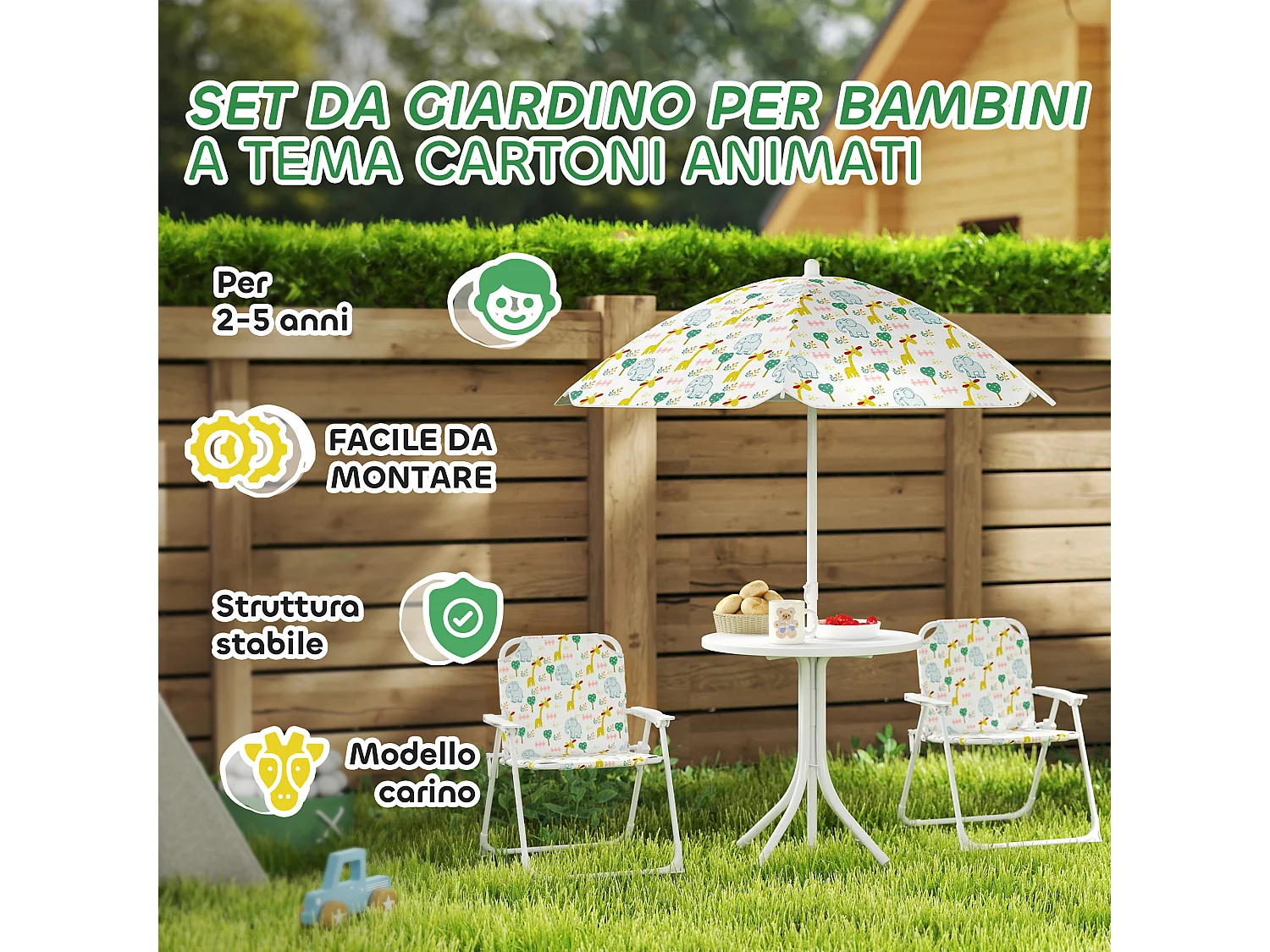 Set da giardino con tavolo 2 sedie e ombrellone per bambini bianco