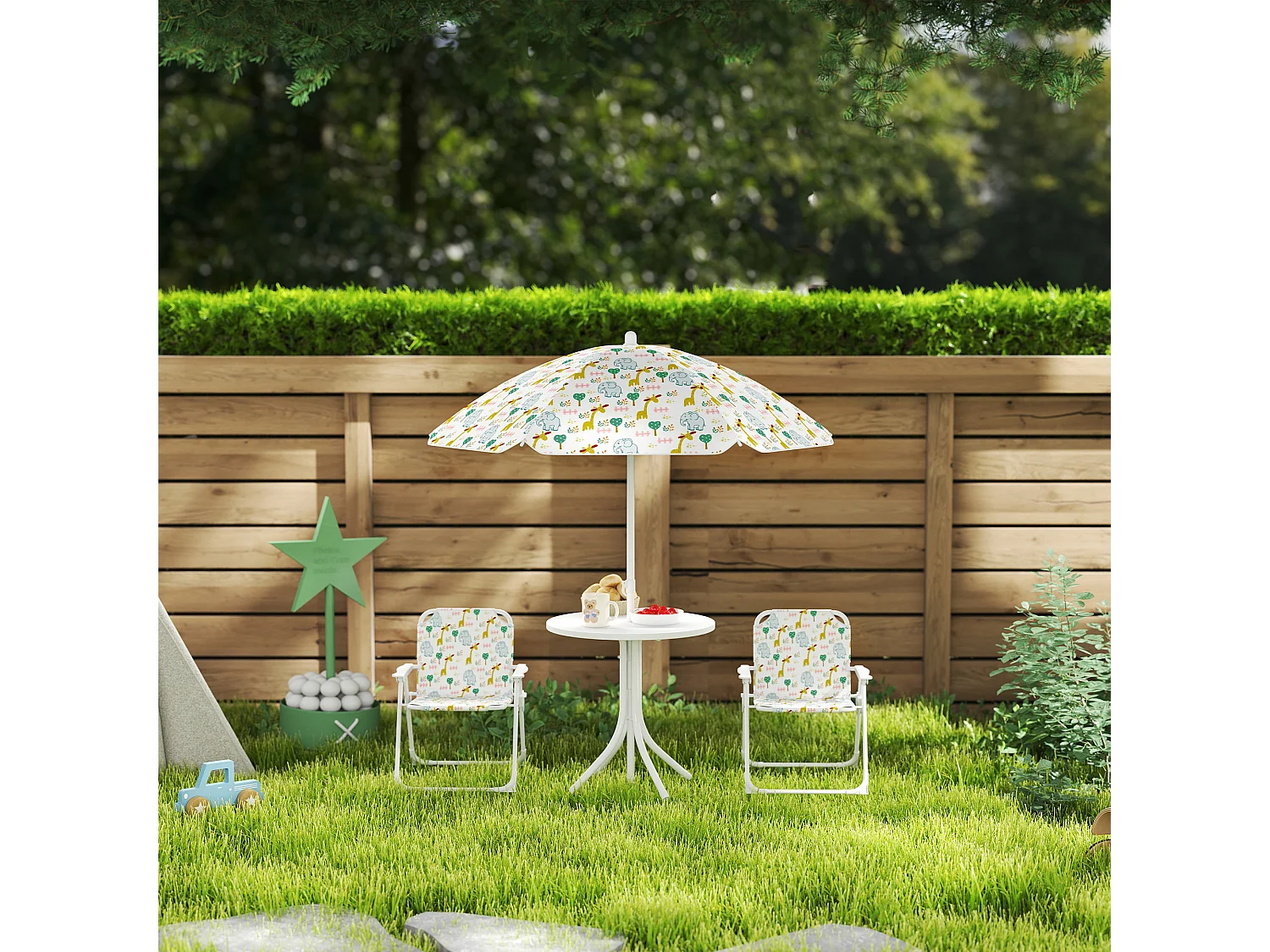 Set da giardino con tavolo 2 sedie e ombrellone per bambini bianco