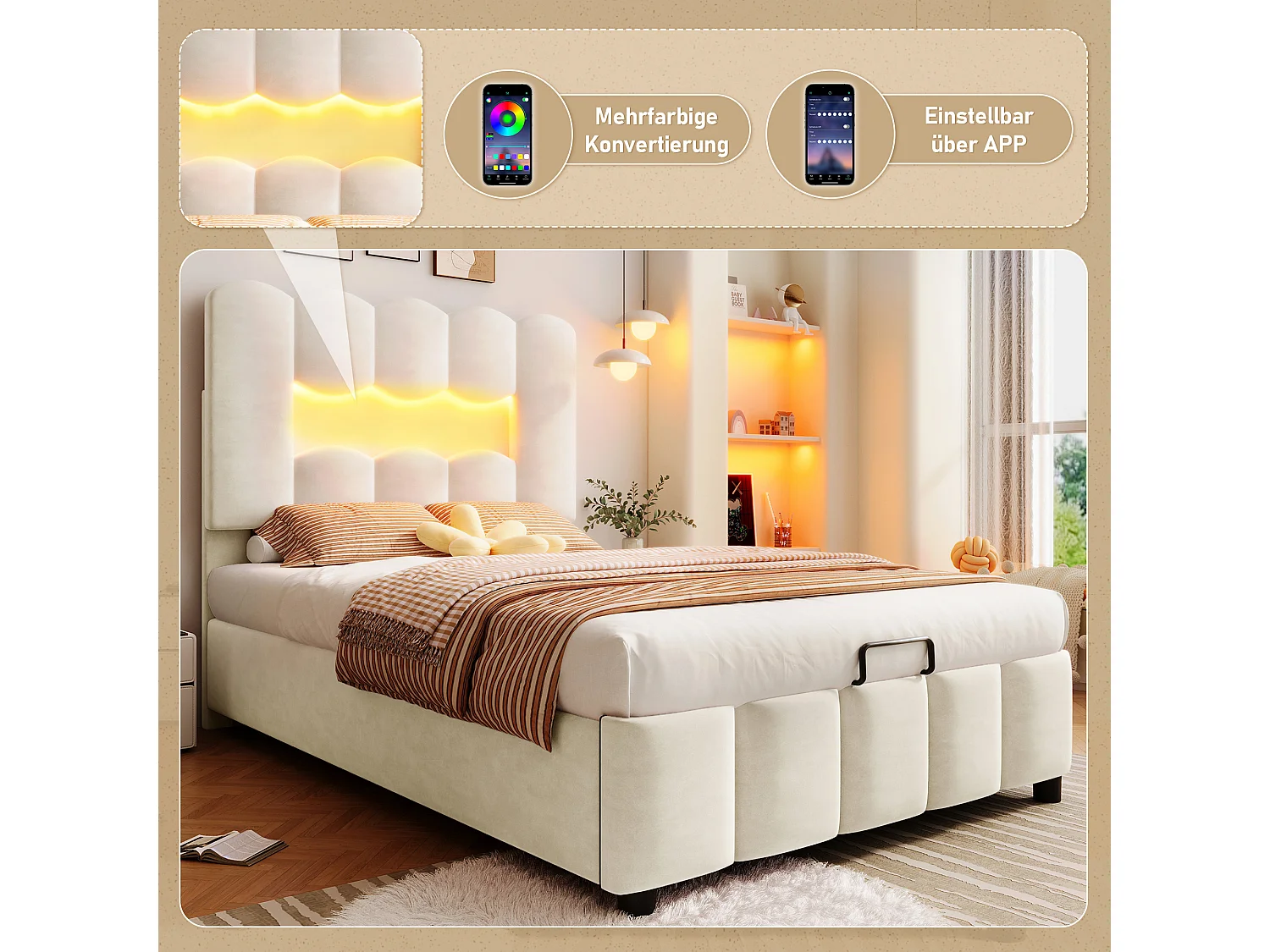 Lit coffre rembourré - 90 x 200 cm - avec rangement hydraulique + tête de lit réglable - velours - beige