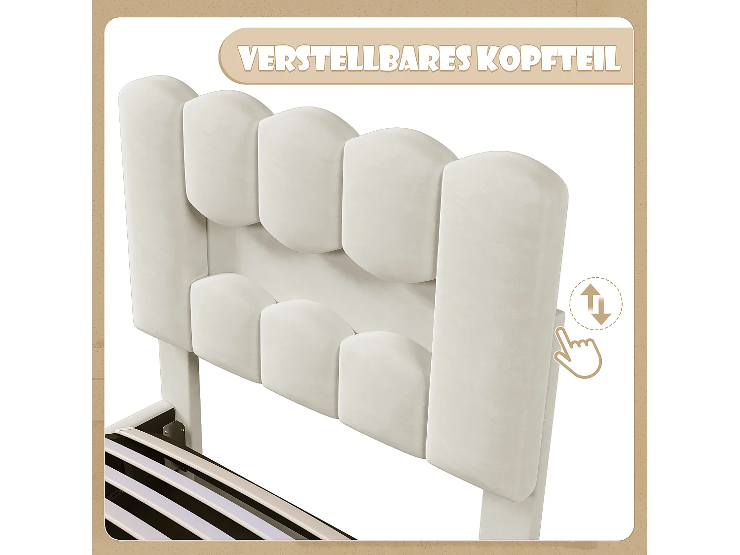 Lit coffre rembourré - 90 x 200 cm - avec rangement hydraulique + tête de lit réglable - velours - beige