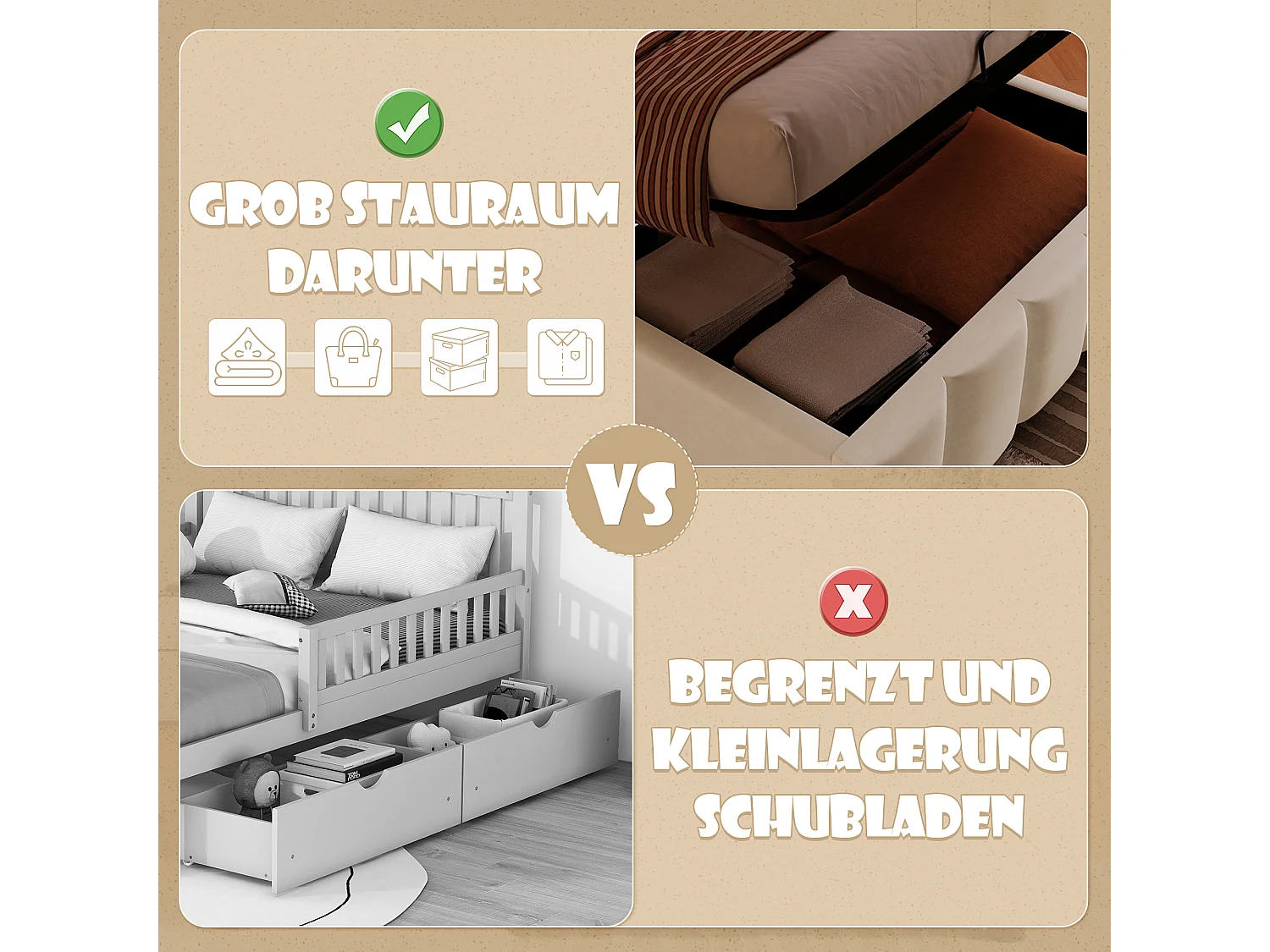 Lit coffre rembourré - 90 x 200 cm - avec rangement hydraulique + tête de lit réglable - velours - beige