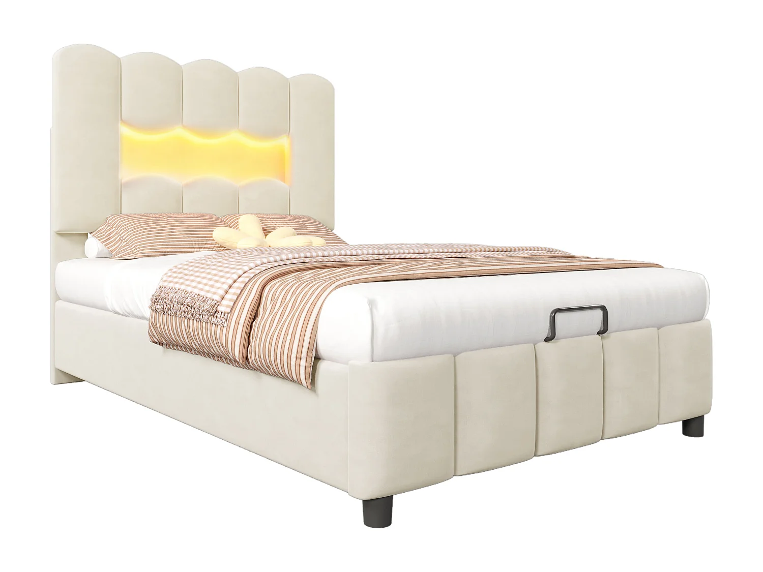 Lit coffre rembourré - 90 x 200 cm - avec rangement hydraulique + tête de lit réglable - velours - beige